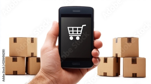 Wallpaper Mural Mobile Shopping Concept with Hand Holding Smartphone and Boxes Torontodigital.ca
