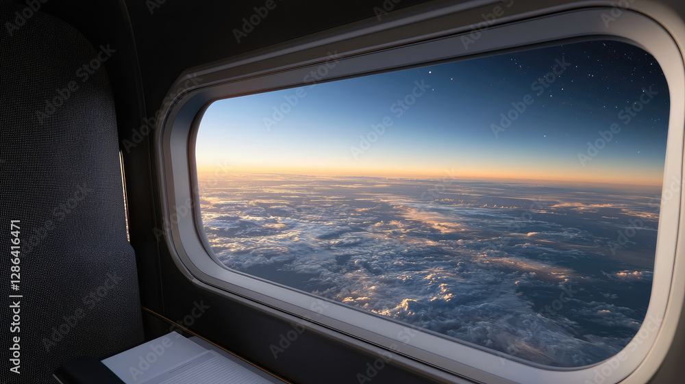 Naklejka premium View of clouds and horizon from airplane window at sunrise