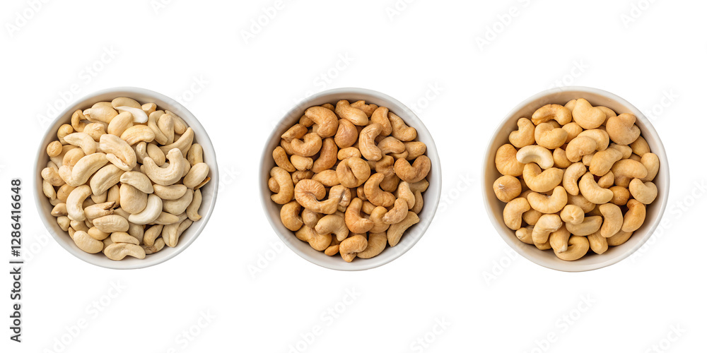 Bowl of Cashew Nuts in Three Different Styles on White Background, PNG Transparent Bowl of Cashew Nuts in Three Different Styles on White Background, PNG Transparent