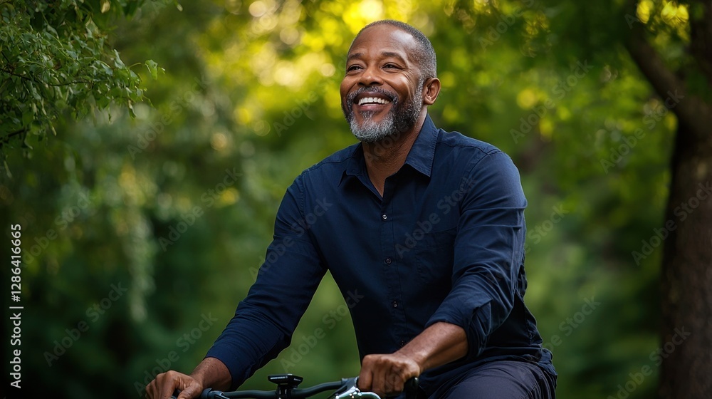 Smiling man cycling through a green park, enjoying nature on a sunny day with trees around Smiling man cycling through a green park, enjoying nature on a sunny day with trees around