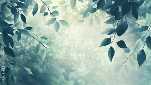A serene and minimalist natural background featuring vibrant green leaves softly illuminated by warm sunlight filtering through the forest canopy. perfect for wellness, eco-friendly concepts