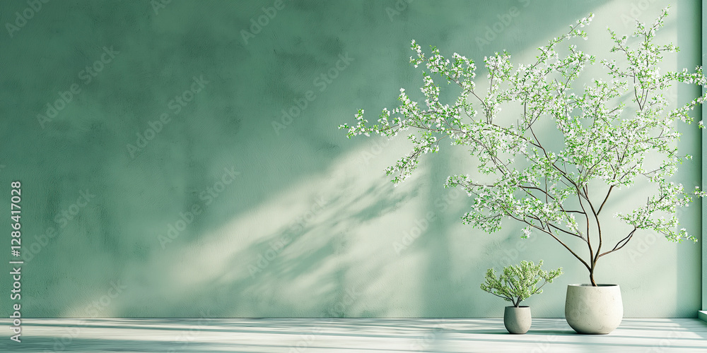 Obraz premium Minimalist interior with potted white flowering tree against a green wall, bathed in soft natural light, copy space
