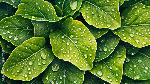  close-up view of tropical green leaves with crystal-clear water droplets clinging to the surface.  Perfect for spa and wellness themes, sustainable branding, eco-conscious designs, and organic