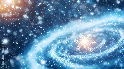 Winter Snowflake Background with Blue Glittering Galaxy and Bokeh Lights for Christmas