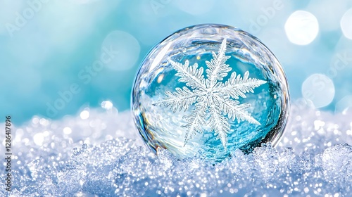 Winter Snowflake Crystal Ball on Snow, Seasonal Holiday Background, Copy Space