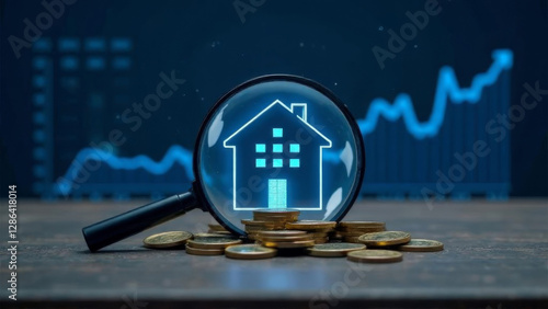 magnifying glass focusing on a glowing house icon with stacked coins, financial growth graph in the background, concept of real estate investment, property market analysis, and financial planning