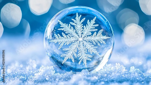 Winter Snowflake in Glass Sphere on Snowy Background - Christmas Holiday Season