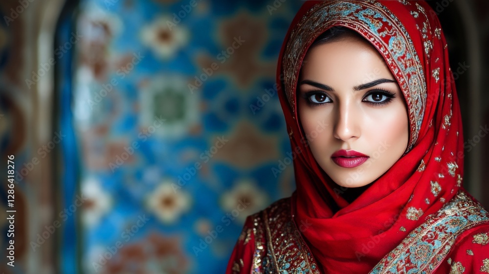 Stunning woman in red and gold traditional wedding attire standing before ornate blue tiled wall with regal expression and elaborate embroidered details Stunning woman in red and gold traditional wedding attire standing before ornate blue tiled wall with regal expression and elaborate embroidered details
