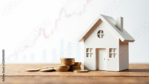 white wooden house model on a wooden surface next to a pile of gold coins with blurred rising financial chart in the background, concept of real estate investment, home financing, and mortgage growth
