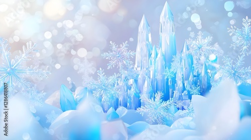 Winter Wonderland Background with Crystal Snowflakes and Ice Formations
