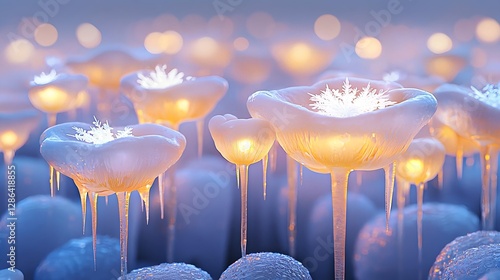 Winter Wonderland: Abstract Ice Flowers with Snowflakes and Bokeh Lights
