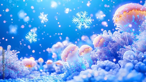 Winter Wonderland: Blue Fantasy Landscape with Snowflakes and Glowing Details
