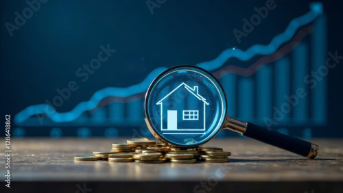magnifying glass focusing on a glowing house icon over gold coins with a rising financial graph in the background, concept of real estate investment, property market analysis, and financial growth