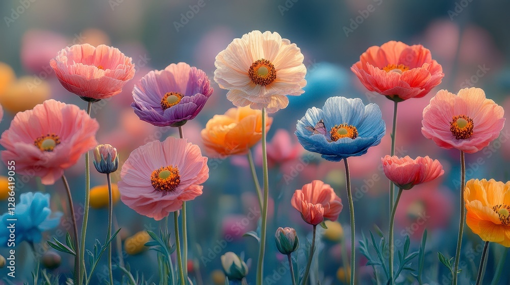 Fototapeta premium Pastel poppies field, sunset light, nature beauty, spring floral wallpaper