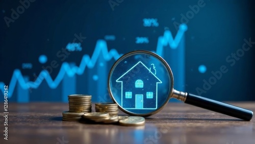 magnifying glass highlighting a digital house icon over gold coins with a rising financial graph in the background, concept of real estate investment, housing market growth, and financial planning