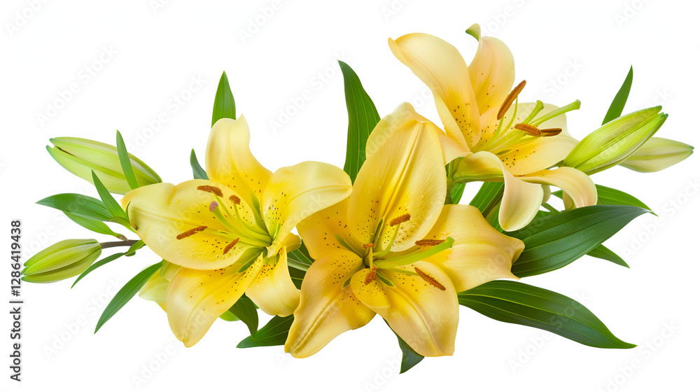 Branch of yellow lilies isolated on white background ,Stunningly detailed yellow lilies, isolated on a white background Branch of yellow lilies isolated on white background ,Stunningly detailed yellow lilies, isolated on a white background