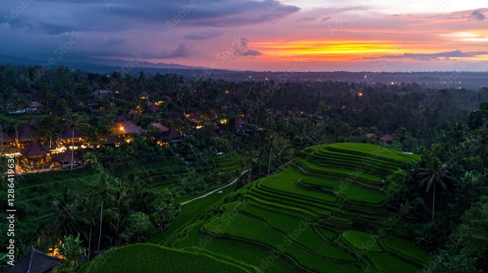 Fototapeta premium Serene sunset over lush rice terraces in Bali, showcasing vibrant colors and tranquil scenery