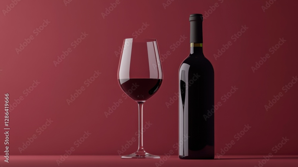 Eccentric Display of Wine Glass and Bottle Against Red Background Eccentric Display of Wine Glass and Bottle Against Red Background