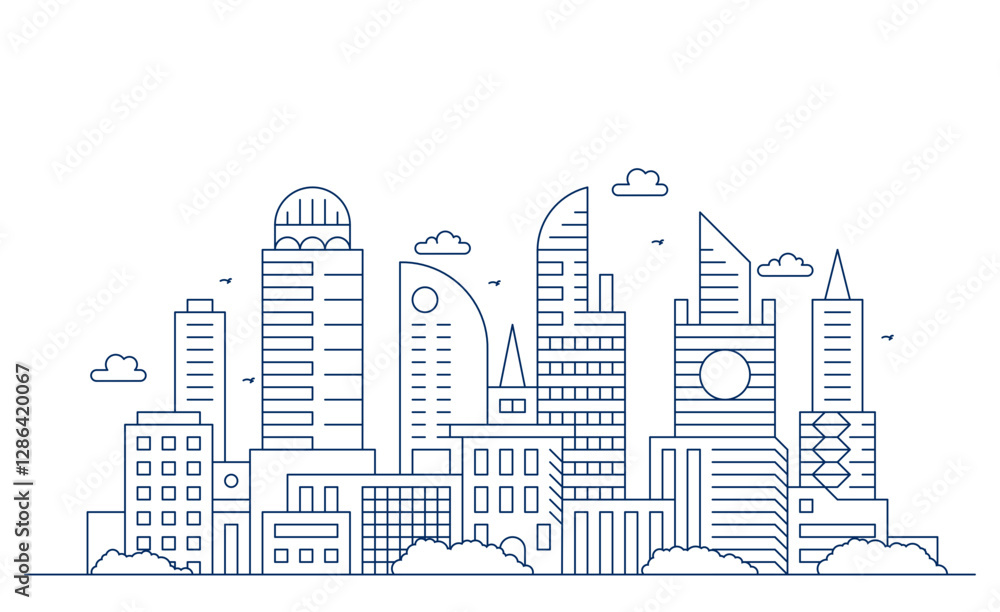Obraz premium City landscape with buildings. Towers and buildings in modern flat style. Outline graphic. Line urban backdrop.Line modern urban big city panorama. Outline stroke cityscape skyscrapers illustration.