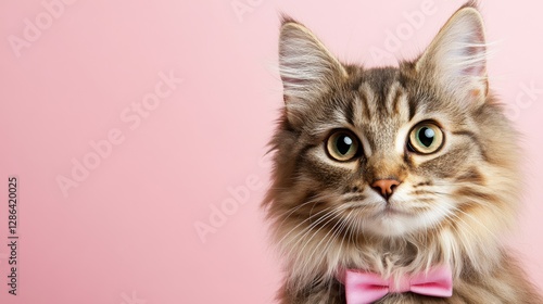 Wallpaper Mural A fluffy tabby cat in a pink bow tie poses with wide eyes against a soft pink background, creating a charming and sophisticated portrait. Torontodigital.ca