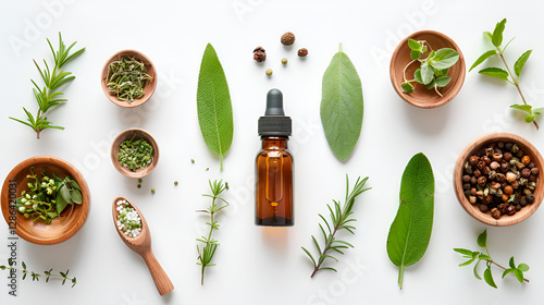 Wallpaper Mural Wild flowers and medicine glass bottle on white background is used for cosmetic skin care product ,Natural sage essential oil with sage leaves on white blackground Torontodigital.ca