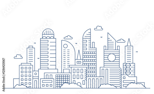 City landscape with buildings. Towers and buildings in modern flat style. Outline graphic. Line urban backdrop.Line modern urban big city panorama. Outline stroke cityscape skyscrapers illustration.