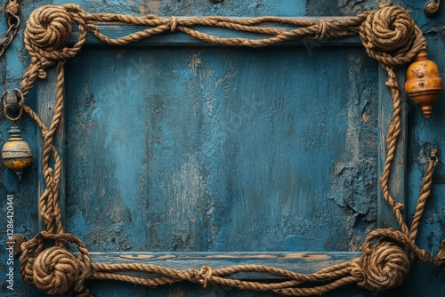 Rope frame made of nautical rope with plumb bobs hanging on a blue, rustic background, creating a maritime themed backdrop