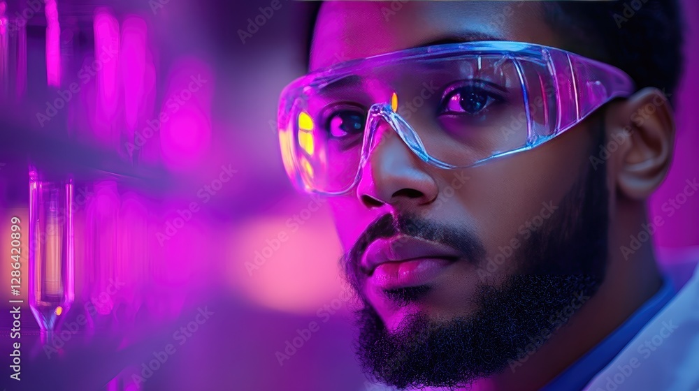 Focused scientist in laboratory with protective eyewear, examining experimental samples amidst vibrant neon lighting Focused scientist in laboratory with protective eyewear, examining experimental samples amidst vibrant neon lighting