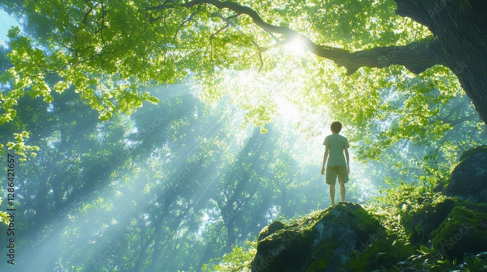 A solitary man stands confidently on a rock amidst a serene forest, surrounded by lush greenery and towering trees, capturing a moment of tranquility. A solitary man stands confidently on a rock amidst a serene forest, surrounded by lush greenery and towering trees, capturing a moment of tranquility.