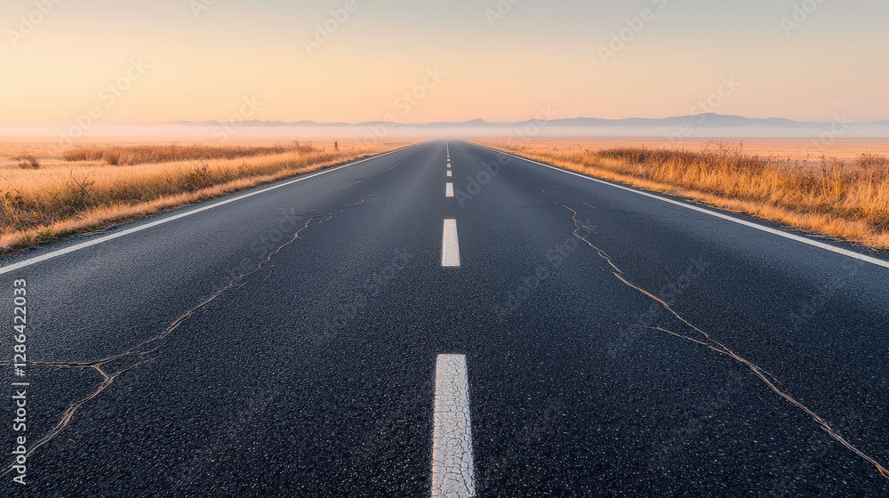 Fototapeta premium Misty Highway Stretching Into the Horizon at Dawn