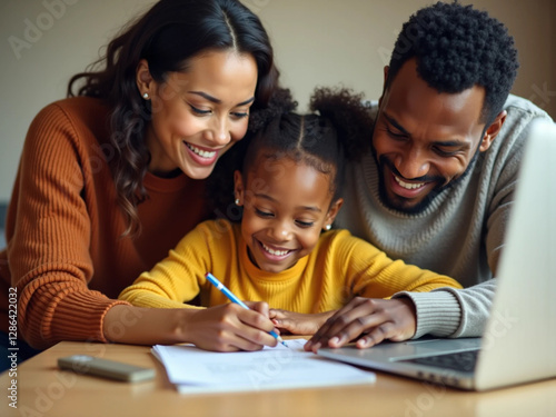 Happy Family Helping Daughter with Homework Using Laptop at Home

