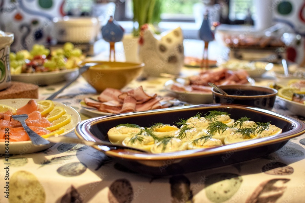 Traditional Easter food table in Sweden.