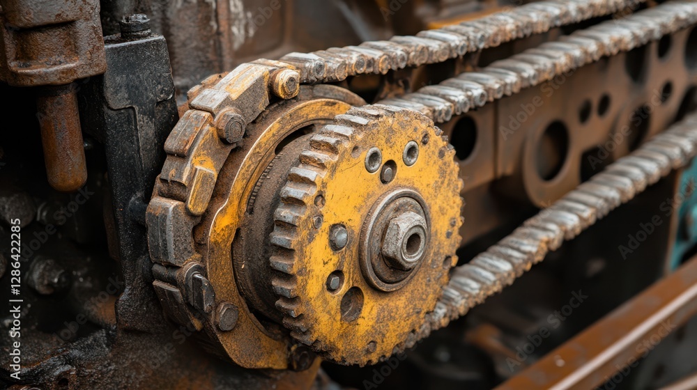 A detailed close-up view of a metallic chain securely fastened to an industrial machine, highlighting the connection and texture of the materials used. A detailed close-up view of a metallic chain securely fastened to an industrial machine, highlighting the connection and texture of the materials used.