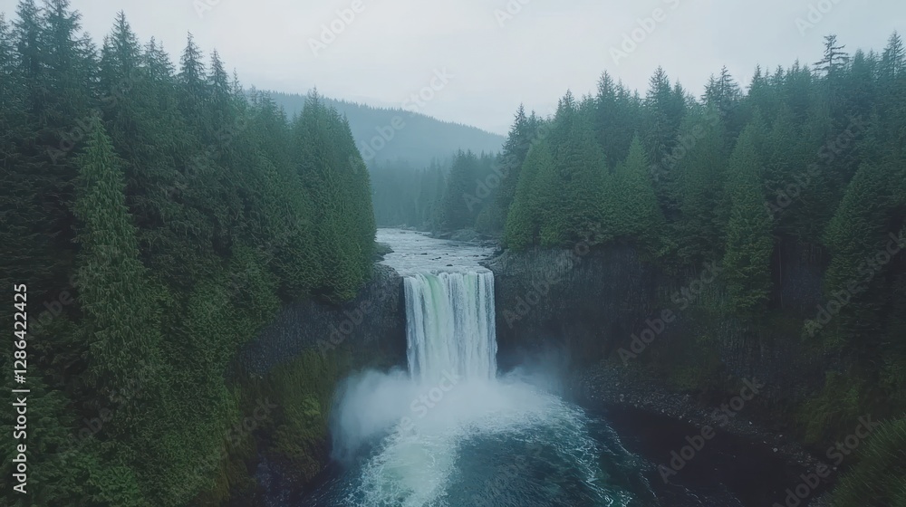 Fototapeta premium Majestic Waterfall Flowing Through Forest Landscape on a Cloudy Day