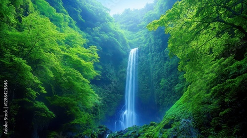 Waterfall Flowing in Lush Green Forest Landscape in Serene Environment