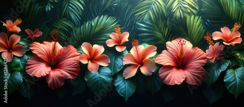 Lush tropical hibiscus flowers and palm leaves.