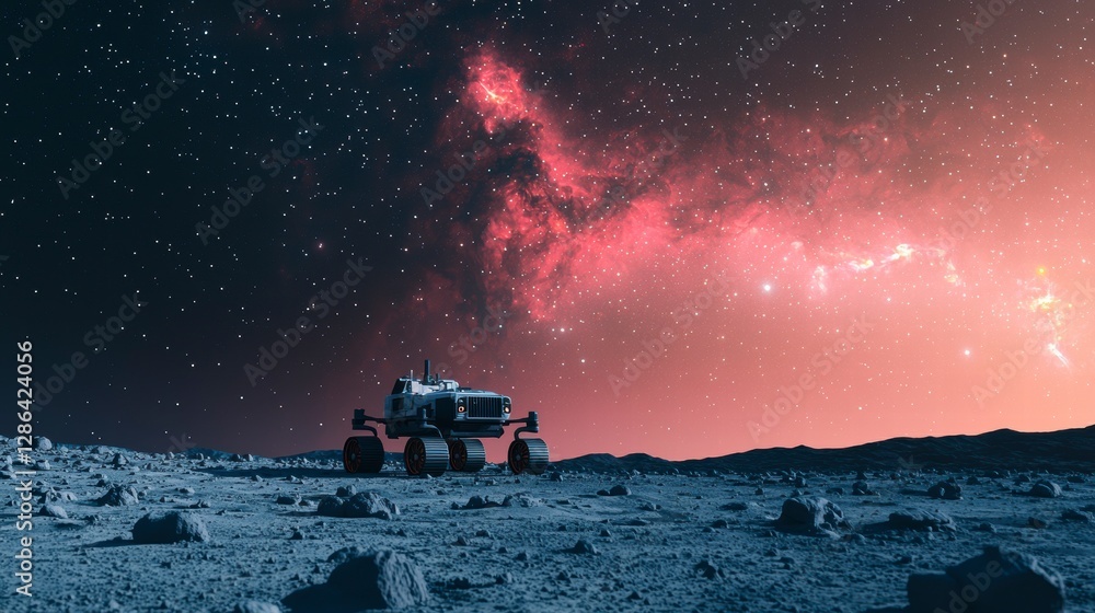 Fototapeta premium Space Rover Parked on Asteroid Surface Under Cosmic Night Sky