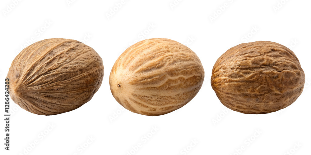 Whole Nutmeg with Rough Texture on White Background in Three Different Styles, PNG Transparent Whole Nutmeg with Rough Texture on White Background in Three Different Styles, PNG Transparent