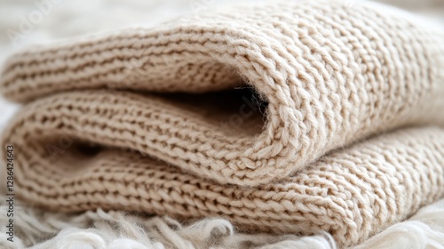 A detailed close-up of a cozy pile of blankets neatly arranged on a bed, showcasing texture and warmth in a serene bedroom setting.
