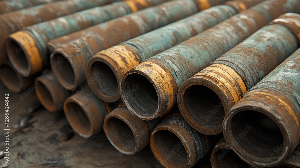 A close-up view of a collection of rusty pipes resting on a dirt surface, showcasing the texture and decay of metal in an outdoor environment. A close-up view of a collection of rusty pipes resting on a dirt surface, showcasing the texture and decay of metal in an outdoor environment.