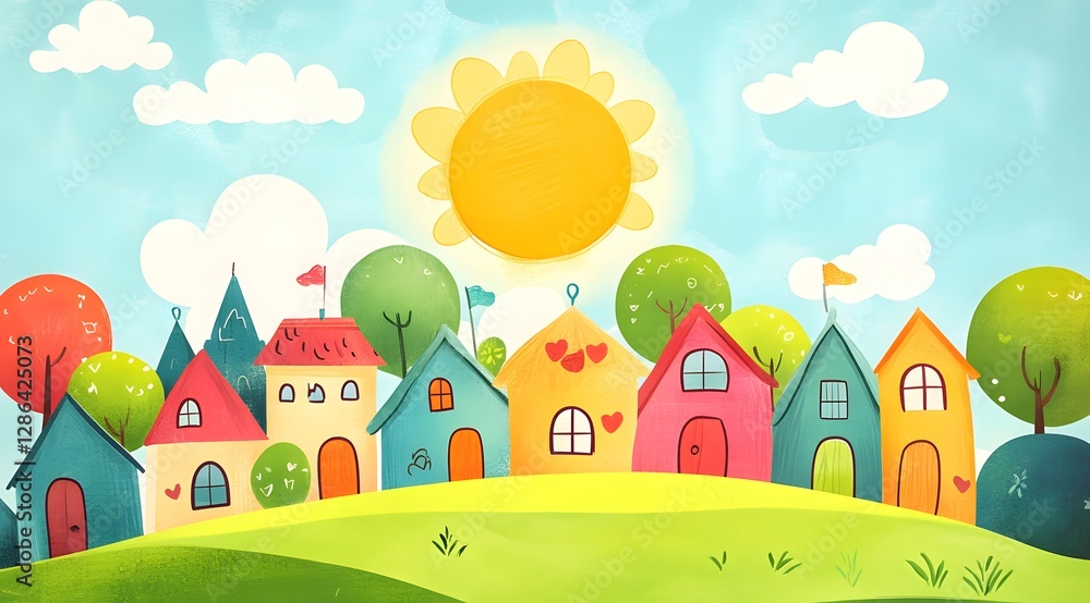 Cartoon drawing of a village with houses and a sun in the sky. The houses are all different colors and the sky is bright and sunny. Scene is cheerful and peaceful Cartoon drawing of a village with houses and a sun in the sky. The houses are all different colors and the sky is bright and sunny. Scene is cheerful and peaceful