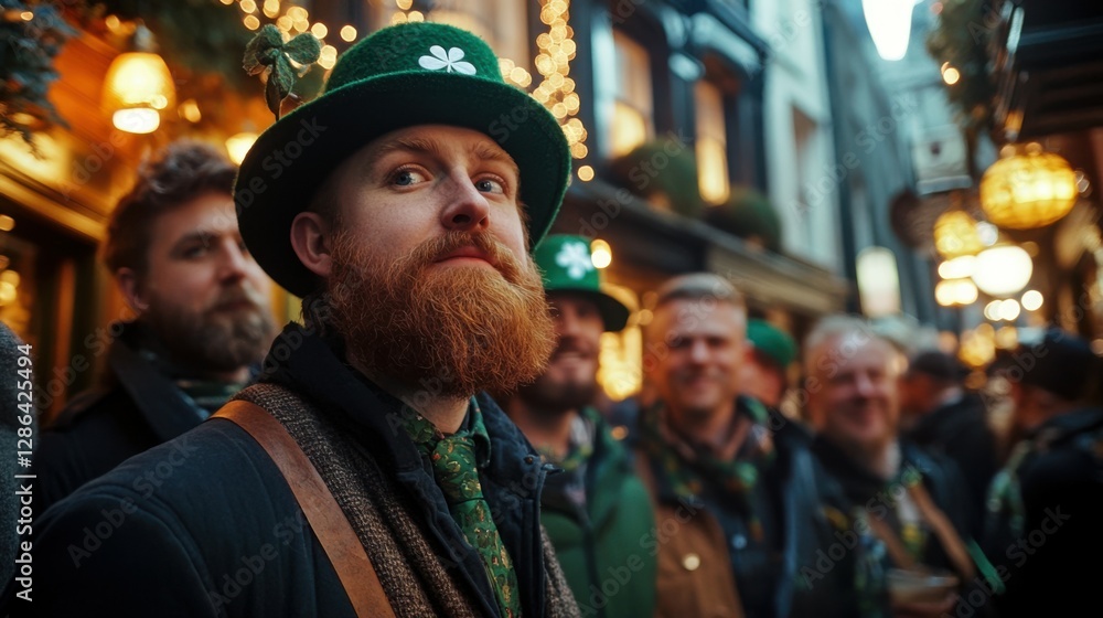 close up shot of A group of men dressed in green for St. Patrick's Day, posing near a traditional Irish pub, with a leprechaun mascot and glowing lanterns adding to the lively street celebration close up shot of A group of men dressed in green for St. Patrick's Day, posing near a traditional Irish pub, with a leprechaun mascot and glowing lanterns adding to the lively street celebration