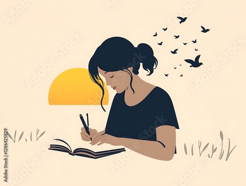 Wallpaper Mural Woman Writing in Book at Sunset with Birds Flying Illustration Torontodigital.ca
