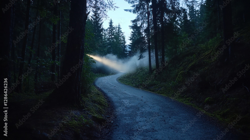 Obraz premium Serene winding road through a misty forest at dawn, with soft light breaking through trees