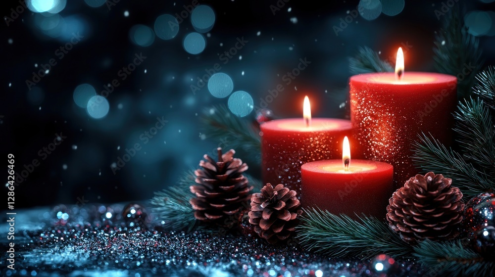 Three red candles surrounded by pine cones and greenery, with a snowy, festive background Three red candles surrounded by pine cones and greenery, with a snowy, festive background