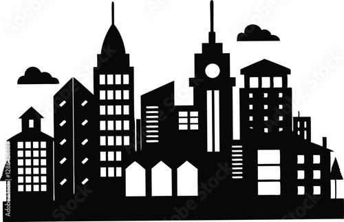 city buildings black silhouette, buildings vector illustration