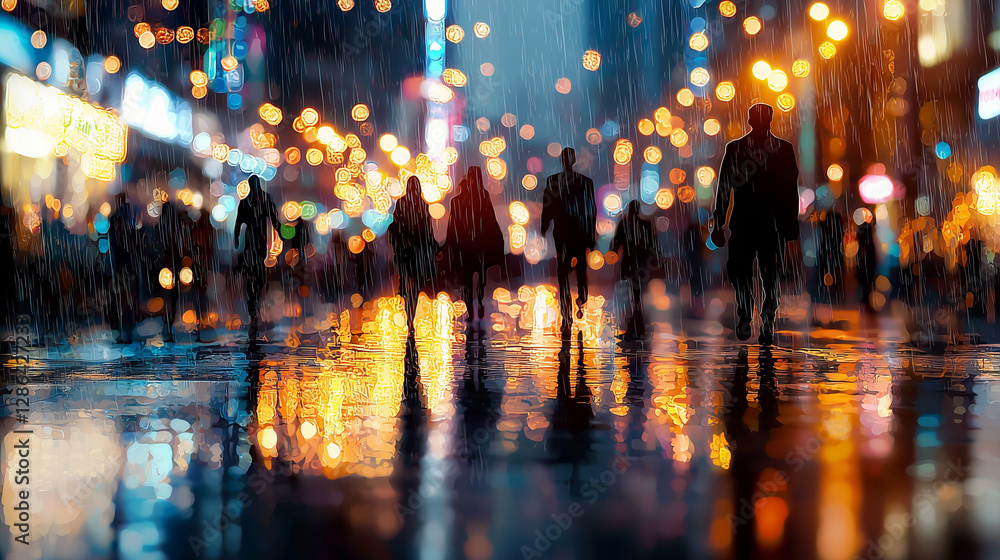 Neon-lit urban gathering of luminous figures in a nightlife scene Neon-lit urban gathering of luminous figures in a nightlife scene