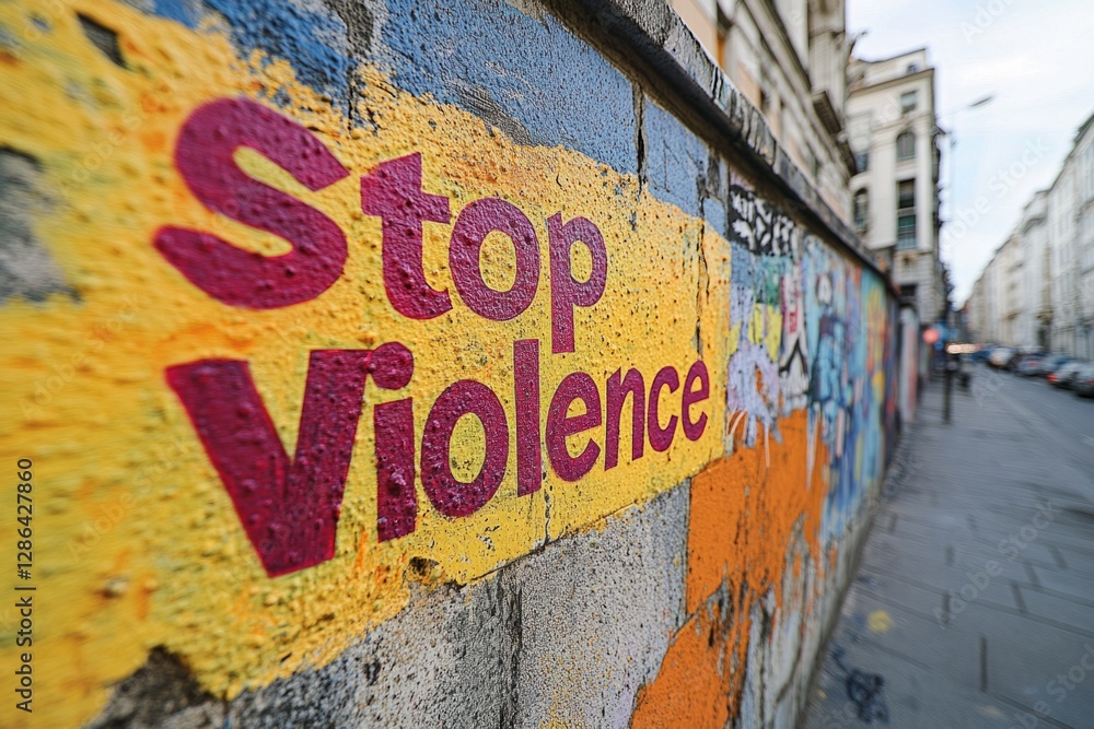 Naklejka premium Graffiti against violence painted on a colorful wall along a street with cars parked