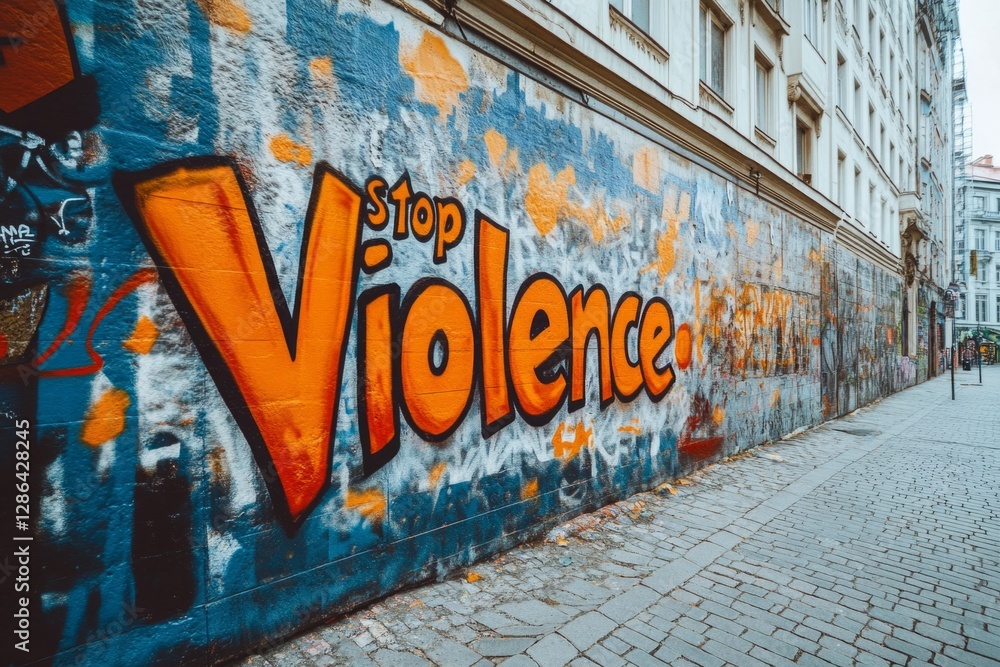 Graffiti stating stop violence painted on a brick wall along a city street, conveying a powerful social message Graffiti stating stop violence painted on a brick wall along a city street, conveying a powerful social message