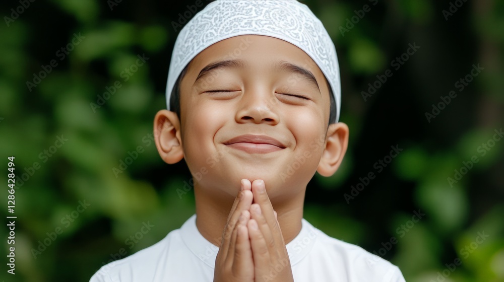 Smiling young Muslim boy in white cap praying with closed eyes hands raised in peaceful greenery radiating joy faith and spiritual connection in a heartwarming and uplifting religious portrait Smiling young Muslim boy in white cap praying with closed eyes hands raised in peaceful greenery radiating joy faith and spiritual connection in a heartwarming and uplifting religious portrait
